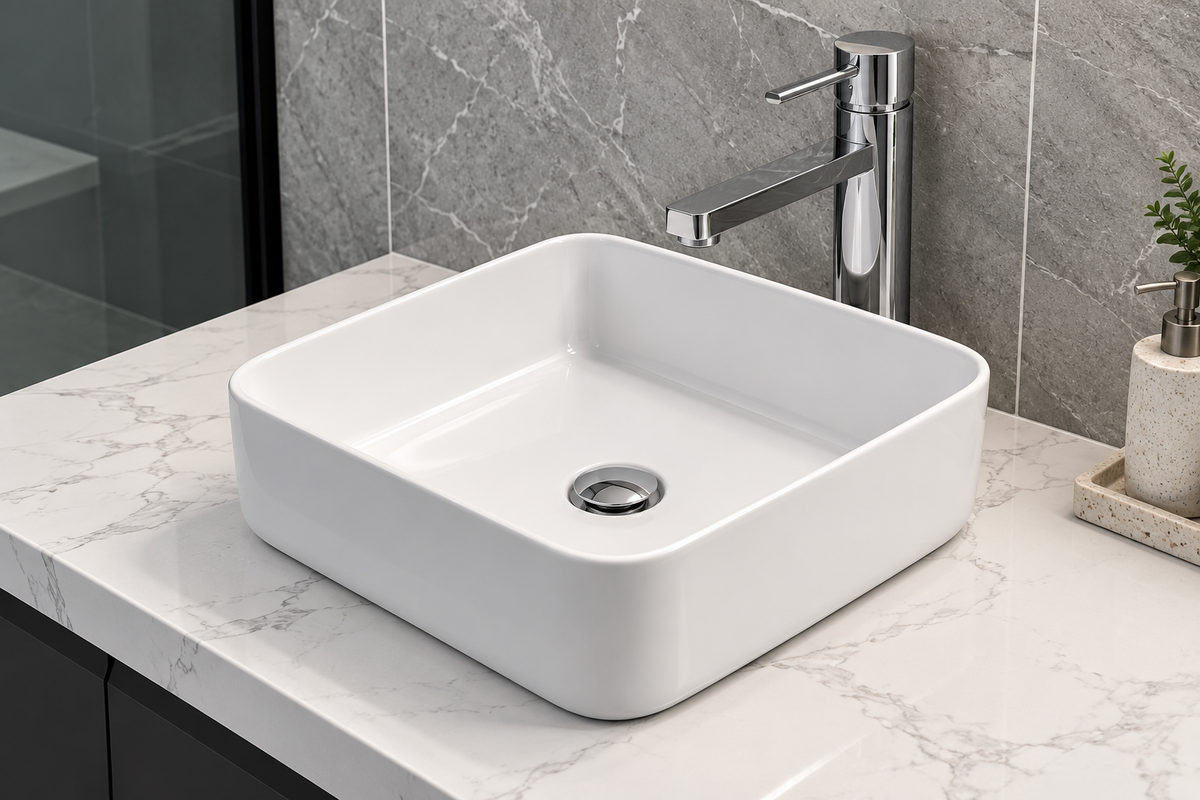 8220 Square Ceramic Above-Counter Basin – 385 × 385 × 140mm